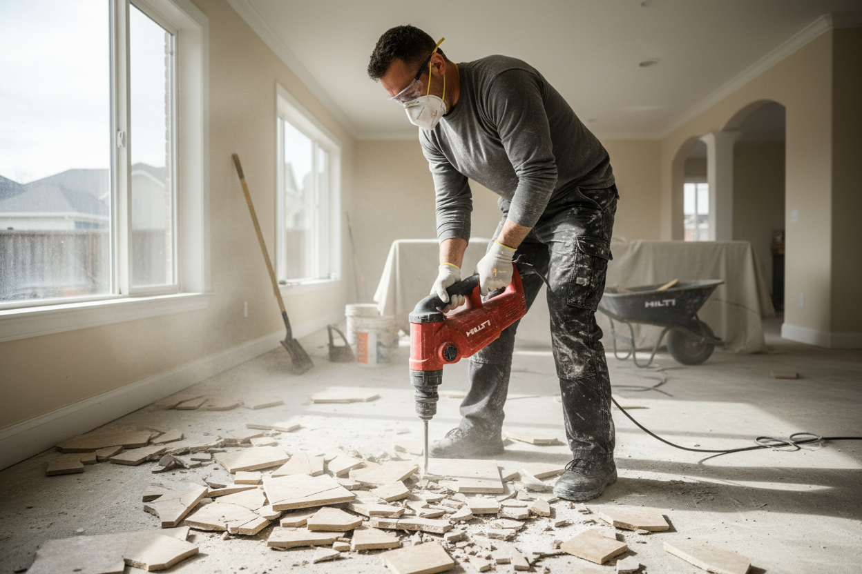 a guy doing demolition of tiles in a house wearing face mask and using a hilt cheap hammer