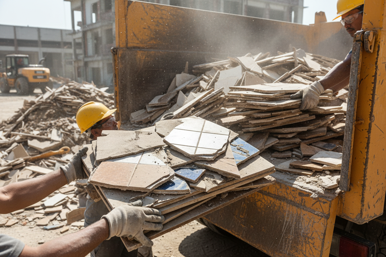 a truck being loaded with removed tiles