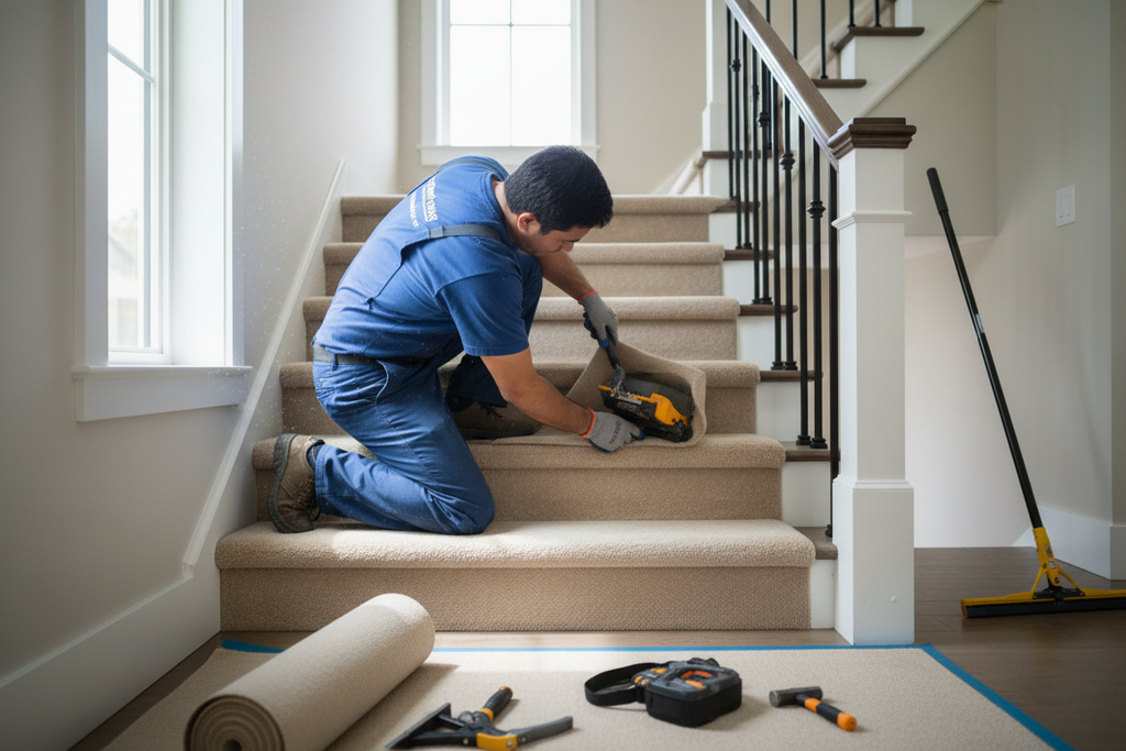 carpet installation in a medium house installating in the steps make it professional